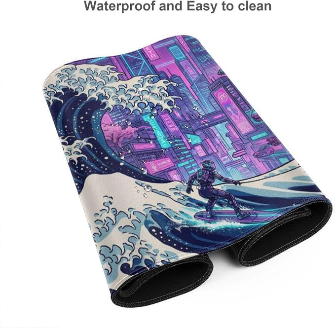 XXL Gaming Mouse Pad 31.5x15.7 Inch,Cyberpunk Neon Japanese Wave Desk Mat | Cyberpunk Japanese Wave Art Extended Mousepad with Water-Resistant Non-Slip Rubber Base,Large Desk Pad for Gaming,Office