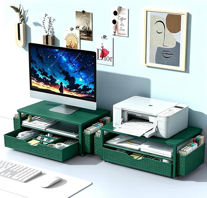 Spacrea Desk Organizer and Accessories, Computer Monitor Stand Riser with Drawer and 2 Pen Holders, Office Desk Accessories & Workspace Organizers for Office Supplies (Dark Green)