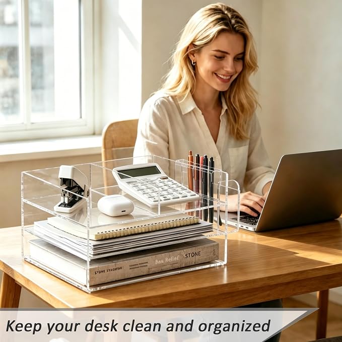 3-Tier Paper Tray Organizer & Pen Holder - Stackable Acrylic Desk Organizer | clear document sorter, vertical file holders, letter storage, workspace accessories, home, office, school, teachers, students