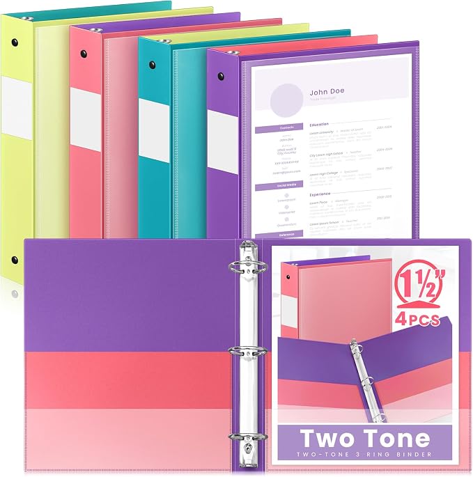 Henoyso 4 Pack Two-Tone Durable 3 Ring Binders 1.5 Inch, Clear Cover with Front & 4 Inner Pockets, Colored Plastic Flexible Binders with Large Capacity for School & Office