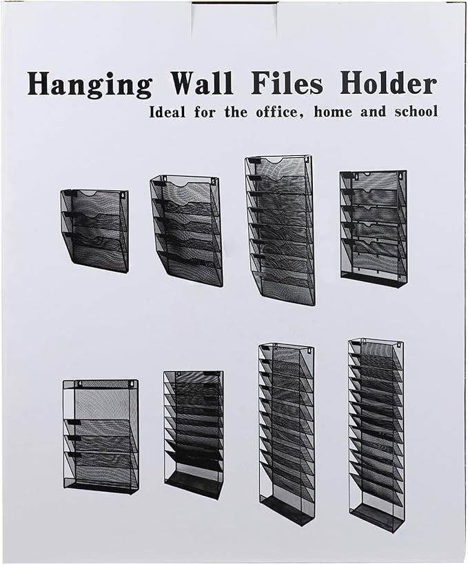 5 Pockets Mesh Wall File Holder Organizer with Bottom Flat Tray, Office Hanging File Folder Magazine Rack, Nametag Label Hooks Set Included, Black