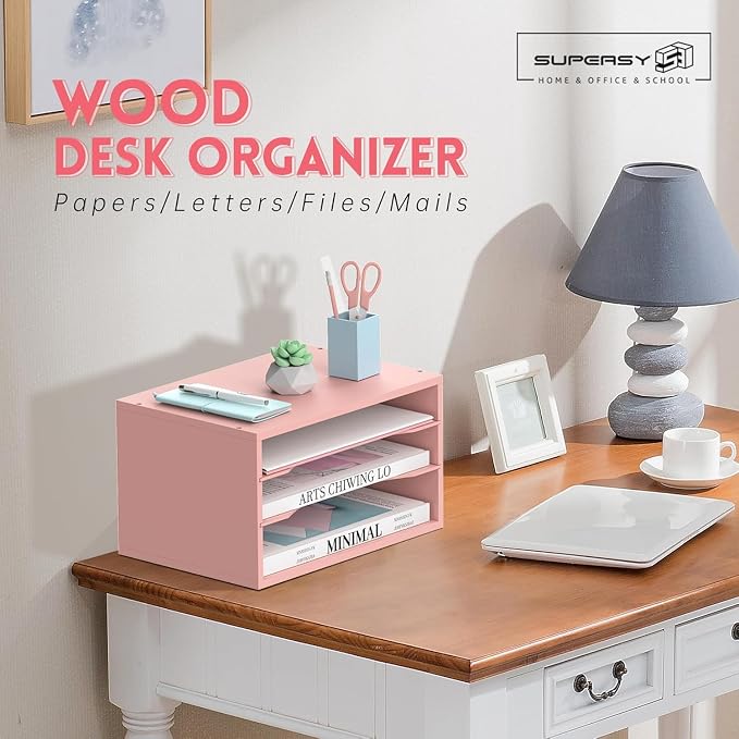3 Tier Wood Desk Organizer, Mail Sorter and Paper Organizer for Desk, Pink | Wooden Desktop Organizer for Sorting Papers, Letters and Mails, Literature Organizer for Home Office, Classroom Organization