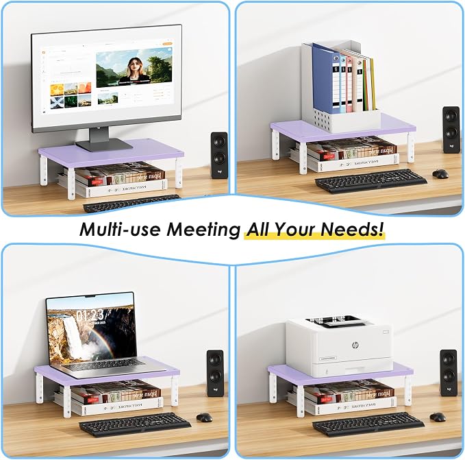ECOLOVI Adjustable Wood Computer Monitor Stand Riser, Office Desk Organizer and Accessories for Monitor, Laptop, PC, Printer, Office Desk Accessories Workspace Organizer for Home Office Supplies, Purple