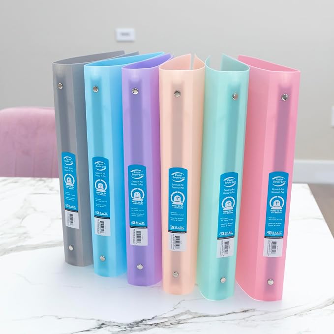 BAZIC Products 1" Pastel Color Poly 3-Ring Binder, 1 Pocket, 6-Set | round rings, 1 in pastel color poly 3-ring binder, 1 inside pocket, holds up to 175 sheets, Durable poly