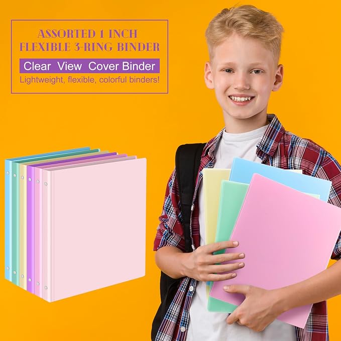 Fulmoon 6 Pack 1 Inch Plastic 3 Ring Binders with Pockets, Pastel Colors | Flexible Covers with Round Rings and Front Pockets for Organizing Papers at School, Office, Meetings and Presentations