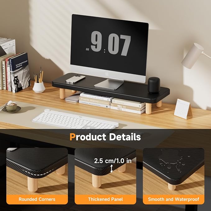 Monitor Stand Riser, 24 Inch Wood Desk Organizer with Monitor Stand & Storage Computer Monitor and Laptop Riser Multifunctional Laptop Stand Desk Organizer for Office Home Screen/Laptop/PC (Black)