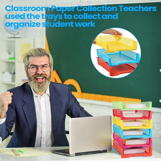 Weysat 6 Pcs Turn in Trays Classroom, Stackable Paper Tray for Classroom Organization Plastic Desk File Organizer Bin Basket for Library Drawer Teacher Office Document Storage (Rainbow,Narrow)