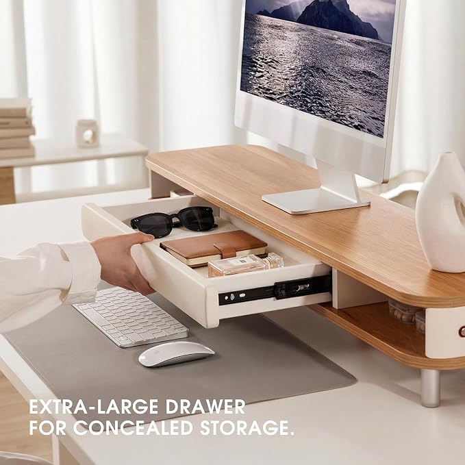 Fenge Dual Monitor Stand with Large Storage Drawer, 42.5" Dsek Shelf, Oak | Slide-Out Drawer with Soft Touch Leather, Ergonomic Monitor Riser, Aluminum leg, 2-Tier Desk Organizer for Laptop, TV, PC