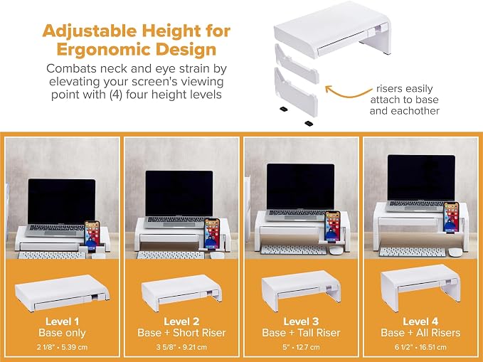 Bostitch Konnect Adjustable Monitor Riser with Drawer & Cell Phone Holder, Laptop Stand for Desk, 4 Height Levels, Cable Management & Rubber Feet