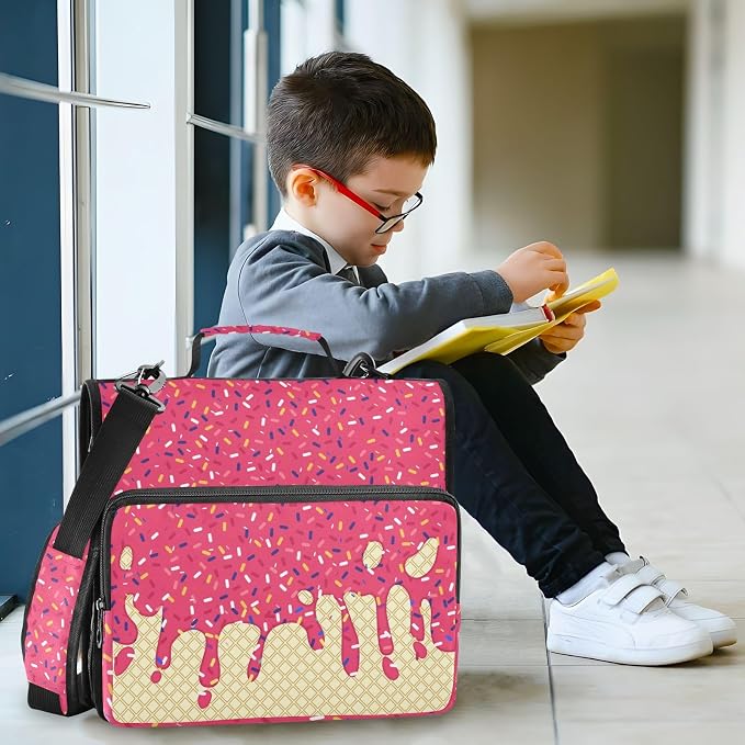Red Ice Cream Print 3 Ring Binder Bag 1.5 inch Binder Organizer with Zipper Shoulder Strap 500 Sheet Documents Storage for School Office