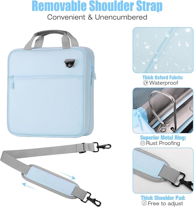 MoKo Zipper Binder, 3 Inch 3 D Ring, 5 Tab File Folders, 700 Sheets, Blue | Water-repellent 900D Oxford fabric with 5 folders, 2 mesh pocket, reinforced handle and adjustable shoulder strap.