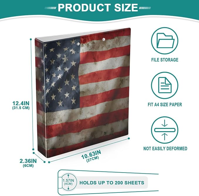 ALAZA 3 Ring Binder American Flag Us Patriotic Flag Clipboard Round Ring Binder Holds 1.5 Inch Three Rings Binder Heavy Duty Binders for School Office Supplies, 1Pack