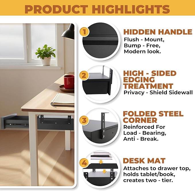 POPMOON 16.6" Under Desk Drawer, Adjustable Pull-Out Storage Organizer | Carbon Steel Under Table Drawer with 5 Height Settings, Smooth Slide Rails, Fit Flat Wooden & Standing Desks, Hold 33 Lbs