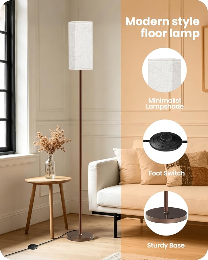 64.6" Floor Lamp, Pole with Foot Switch, Modern Standing Lamp Lampshade, Minimalist Freestanding Lamp (Bulb Not Included), for Living Room, Bedroom Office ETL Listed,Brown and Beige VE07LD05
