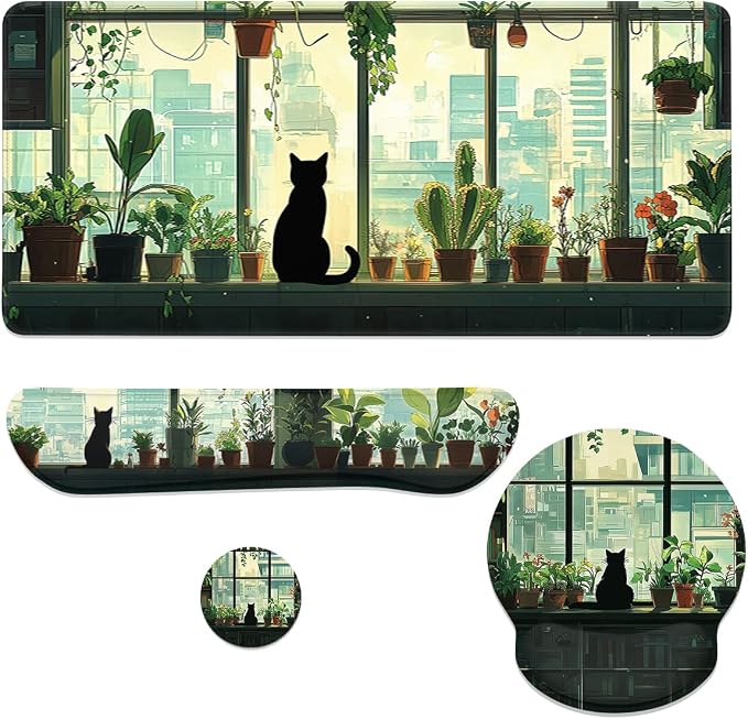 Cute Cat Mouse Pad Set Green Plants Cartoon Anime City Gaming Mousepad 4in1 Desk Mat for Desktop Wrist Support Cup Coaster Set Ergonomic Computer Desk Arm Wrist for Decor Home Office