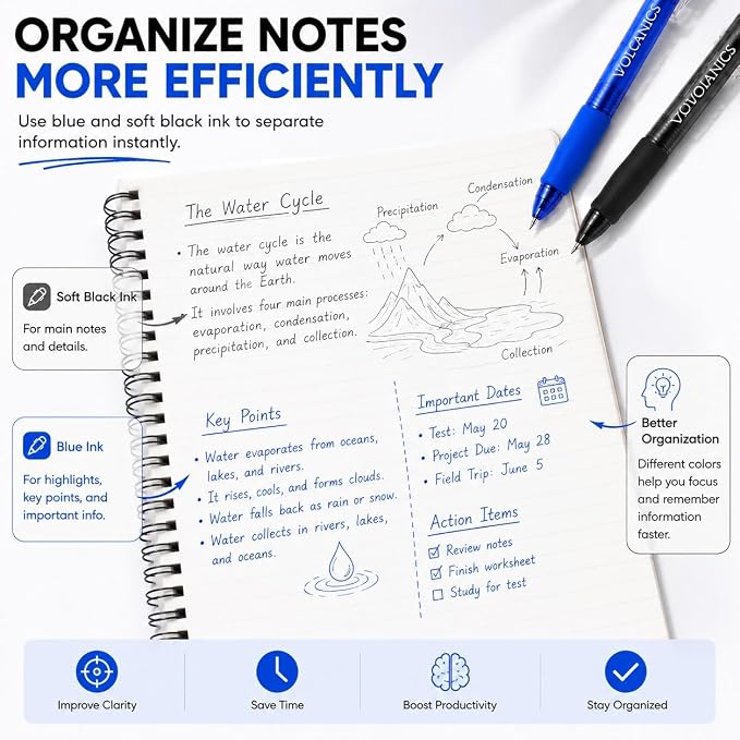 Volcanics 24 Pack Retractable Erasable Gel Pens, 12 Blue & 12 Soft Black Ink, 0.7mm Medium Point Clicker Erasable Pens with Built-in Eraser for School, Office, Note Taking and Journaling