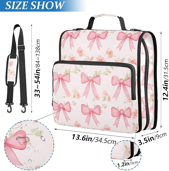Watercolor Flowers and Pink Bows Zipper Binder with Shoulder Strap Bag 3 Ring Binder Organizer Large Capacity Multiple Compartments for School Office
