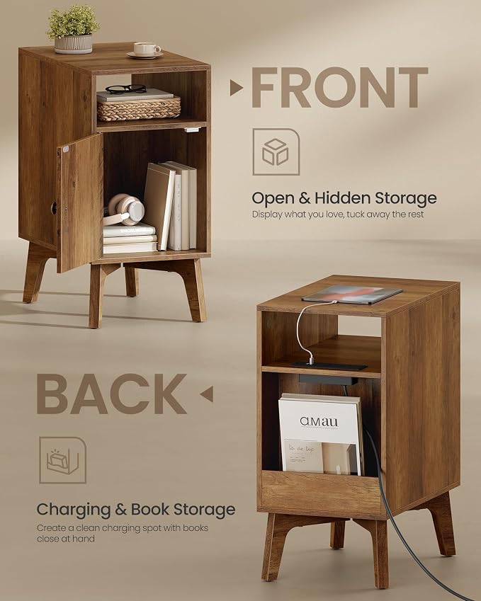 VASAGLE End Table with Charging Station, Narrow Side Table, Nightstand | Tapered Legs, Curved Transitions, for Small Spaces, Living Room, Bedroom, Honey Brown, MAEZO Collection ULET329K101S