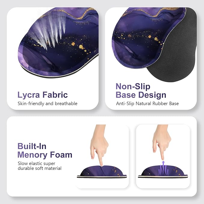 Large Gaming Mouse Pad Set, 4 in1 Ergonomics Keyboard Desk Mat with Memory Foam Wrist Rest, Extended Game Mousepad, Non-Slip Desk Pad Matt Easy Typing Pain Relief I Purple Golden Marble