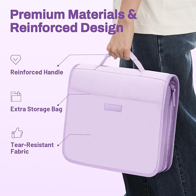 Zipper Binder with Handle, 1.5 Inch O-Ring, 325 Pages Capacity, with 5-Tab Expanding File Folder for Classified Storage, Small Size Lightweight Zipper Bag for Middle School Students, Lavender Purple