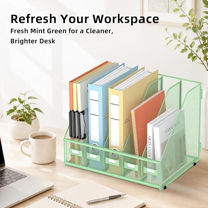 Desk Organizers Metal Desk Magazine File Holder with 5 Vertical Compartments Rack File Organizer for Office Desktop, Classroom, Home Workspace, Green, Plus
