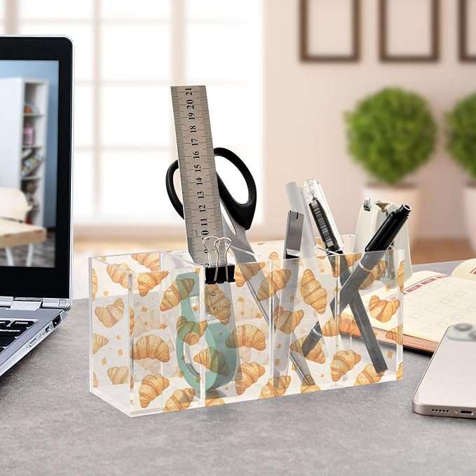 Croissant Bread Acrylic Pencil Pen Holder Desk Accessories Holder, Cosmetic Brush Organizer Modern Design Desktop Stationery Organizer for Office School and Home 7.87 x 2.48 x 3.54 In