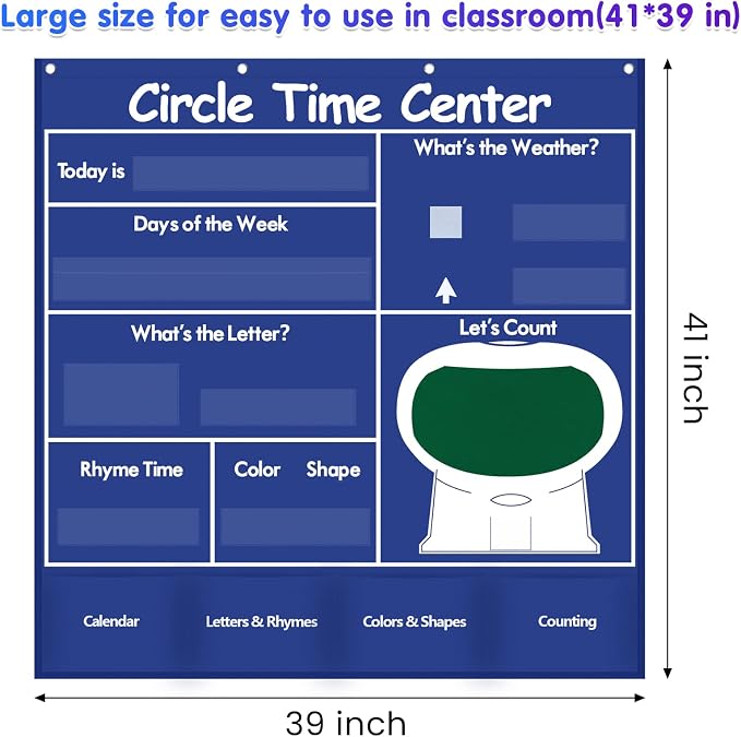 Auchq Circle Time Learning Center Pocket Chart, Heavy-Duty Kids Calendar for Classroom, Educational Pocket Chart Learning Calendar Weather Letter Counting Rhyme Color Shape (Blue)