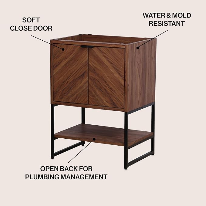 JONATHAN Y Juhl 23.5" Chevron Freestanding Bathroom Vanity Cabinet, Walnut | Modern Minimalist Design, 18" Deep 33" Tall, 2 Soft-Close Doors, Interior And Open Shelves, Sink Not Included