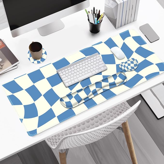 Desk Mat Pad, Gaming Mouse Pad Wrist Support Set, 4 in1 Non-Slip XXL Large Mousepad + Ergonomic Keyboard Wrist Rest+Mouse Wrist Rest+Coaster for Home Office Computer I Blue White Checker