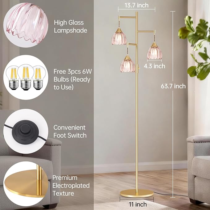 Shenmoyl Stepless Dimming Floor Lamps for Living Room, Bedroom, Gold Standing Lamp with 3pcs 6W Bulbs, Vintage Brass Floor Lamp for Corner, Nursery (Pink Tulip)