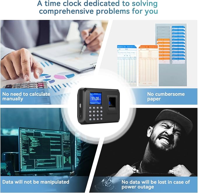 Time Clocks for Employees Small Business, Fingerprint Time Clock | Attendance Machine with PIN Code Biometric Punch Clock for Office, No WiFi Needed, 0 Monthly Fees, Clock in and Out System