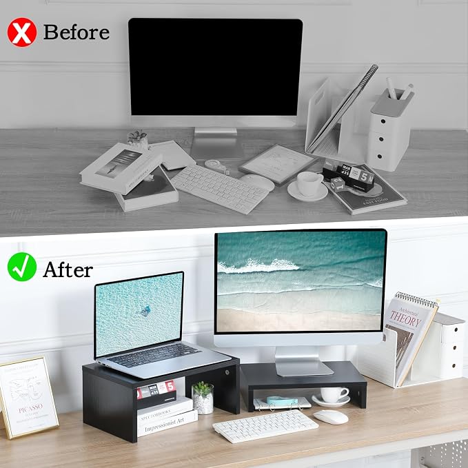 TEAMIX 2-Pack Monitor & Laptop Stand Riser,Wood High-Low Dual Monitor Setup | Black, Stacked/Separate Use, Adjustable Computer Stand for 2 Monitors, Holds 80Lbs, Desk Organizer for Home Office, Gaming