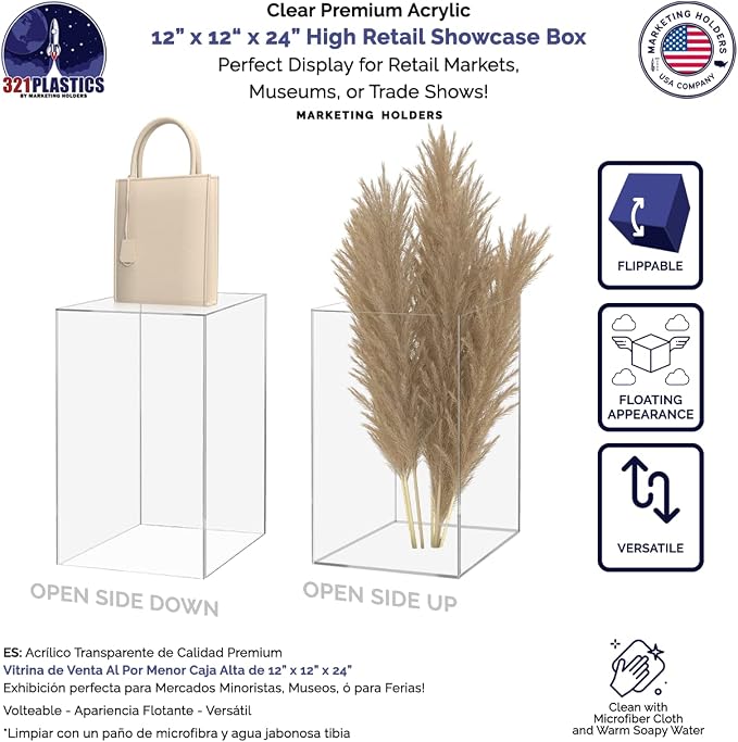 Marketing Holders Acrylic Plinth Display Riser Box with One Open Side Versatile Clear Column 12" x 12" x 24" No Lid Merchandise Socle or Storage Bin or Retail Product Riser No Assembly