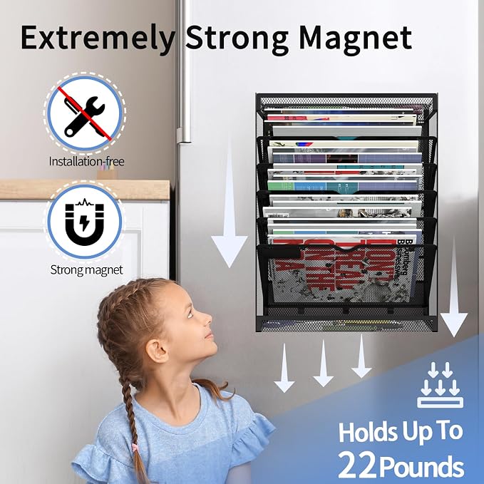7-Tier Magnetic File Holder, No Drilling Wall File Organizer, Hanging File Organizer, Vertical Holder Rack for File Cabinets, Whiteboard, Refrigerator