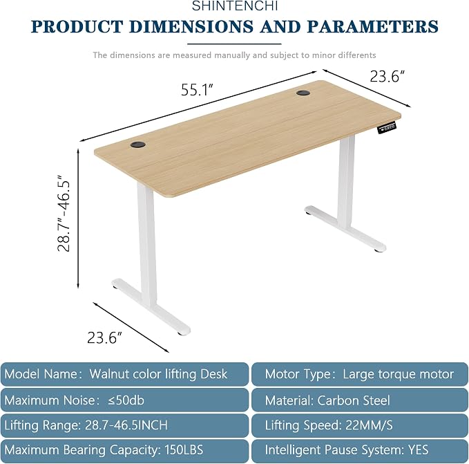 Shintenchi Standing Desk, 55x24 Inch Height Adjustable Electric Sit Stand up Desk, Ergonomic Rising Computer Table, Modern Lift Gaming Desk Workstation for Home Office, White
