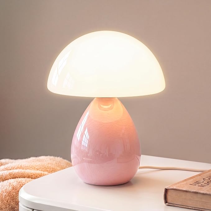 Mushroom Lamp Table Lamp for Bedroom-Small Desk Table Lamps,Pink | Ice Crackle 8.7" Mid Century Modern Table Lamps for Living Room Bedroom Decor,Ceramic Lamps for Home Room Decor,Glass Shade