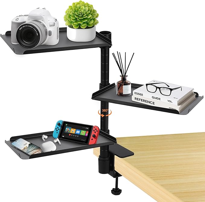3 Tier Clamp On Desk Shelf,360° Rotatable Adjustable Above or Under Desktop Organizer,Carbon Steel Storage Tray for Home Office and Gaming Accessories（Black）