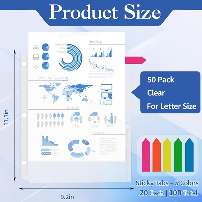 Binditek 50 Pack Clear Slash File Jackets with 3 Holes, Letter Size | Binder Pocket Folders, Fits 8.5 x 11 Inch Documents, Transparent Design, Paper Organization for Office and Classroom