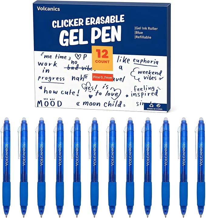 Volcanics Retractable Clicker Erasable Gel Pens, Blue Ink, 0.7mm, 12 Pack