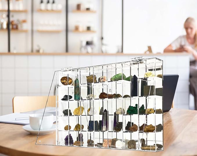 Adjustable Acrylic Display Case Clear Wall Mounted or Desktop 35 Room | Crystal Organizer Storage Cabinet Organizer for Collectibles, Figures, Rock Collection, with Mirrored & Lid