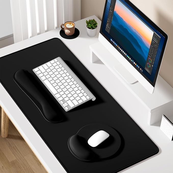 Dapesuom Large Gaming Mouse Pad, Black Mouse Pads with Wrist Rest Wrist Support, 4in1 Big XXL Desk Mat Desk Pad + Ergonomic Mousepad + Memory Foam Keyboard Mat Wrist Rest + Coaster Set for Computer