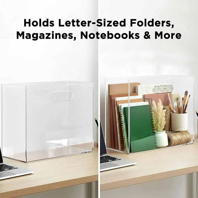 File Organizer for Desk - This Acrylic Storage Box is great for Office Organization - Its Modern Acrylic Magazine Holder makes a Great Gift for Home/Work Space