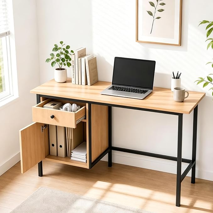 Garvee 47" Home Office Computer Desk with Drawer and Cabinet Storage | Simple Modern Desk for Bedroom, Home Office, Study, Writing, Study Table with Cabinet, Natural Oak+Black