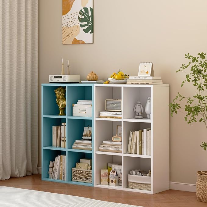 6-Cube Storage Shelf Bookcase, Light Blue | Wooden 3-Tier Open Bookshelf, Fits 11×11" Bins, Vertical or Horizontal Use, Full Back Panels, For Home Office