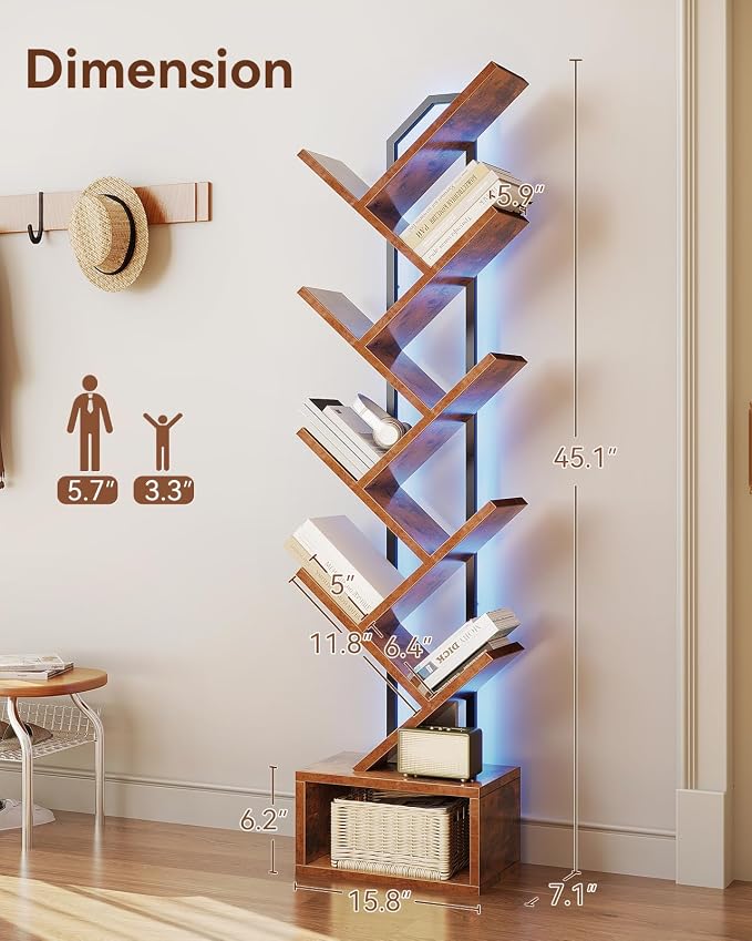 Casaottima Tree Bookshelf with LED Lights, 8-Tier Small Bookshelf, Vintage | Narrow Bookcase for Small Spaces, Steel & Wood Storage Shelf with Cabinet, Home Organizer for Living Room, Bedroom, Office
