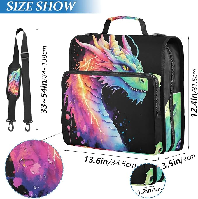 Lightning Dragon Watercolor 3 Ring Binder Bag 1.5 inch Binder Organizer with Zipper Shoulder Strap 500 Sheet Documents Storage for School Office