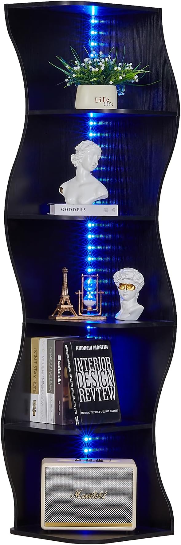 VECELO 6-Tier Wave Corner Bookcase with LED Lights, 90° Right-Angle Tall Narrow Bookshelf, Wooden Corner Display Stand Storage Shelf for Small Spaces, Living Room, Bedroom, Home Office (Black)