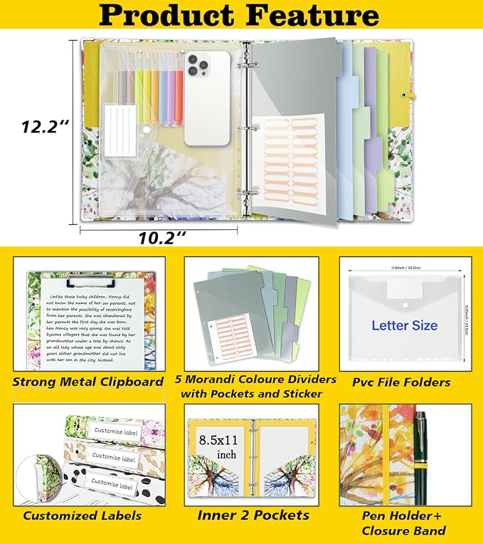 3 Ring 1 Inch Binder Organizer, KLLVE Three Ring Binders with Clipboard, 5-Tabs Pockets Dividers, Plastic Folder, 18 Divider Stikers,Pen Loop (Green Tree, Letter Size)