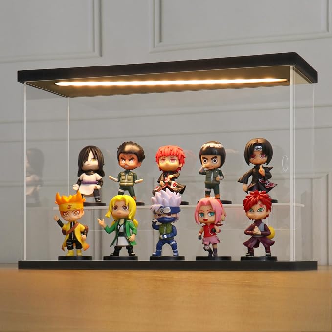LANSCOERY Acrylic Display Case for Collectibles, 2-Tier LED Light, Black | 3mm clear acrylic panels with front door access and tri-color top light for small figures on a desk or shelf.