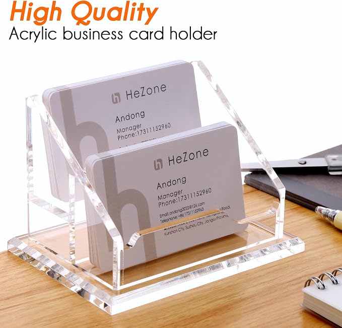 HeZone Acrylic Business Card Holder For Desk Clear Business Card Display Stand 2 Tier 2 Slots Business Cards Holders for Men And Woman, Organize 100 Cards-1 Pack (2 Solt-H)